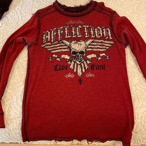 Affliction reversible long sleeve shirt! Size large. Red/maroon two shirts in 1.